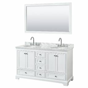 60 Inch Double Bathroom Vanity in White, White Carrara Marble Countertop, Undermount Oval Sinks, and 58 Inch Mirror - Wyndham WCS202060DWHCMUNOM58