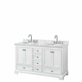 60 Inch Double Bathroom Vanity in White, White Carrara Marble Countertop, Undermount Oval Sinks, and No Mirrors - Wyndham WCS202060DWHCMUNOMXX