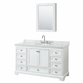 60 Inch Single Bathroom Vanity in White, White Carrara Marble Countertop, Undermount Oval Sink, and Medicine Cabinet - Wyndham WCS202060SWHCMUNOMED