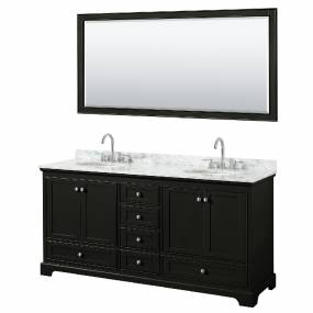 72 Inch Double Bathroom Vanity in Dark Espresso, White Carrara Marble Countertop, Undermount Oval Sinks, and 70 Inch Mirror - Wyndham WCS202072DDECMUNOM70