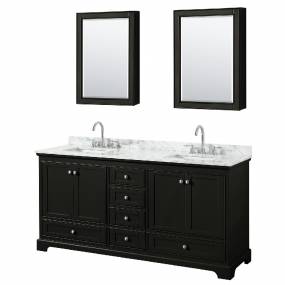 72 Inch Double Bathroom Vanity in Dark Espresso, White Carrara Marble Countertop, Undermount Square Sinks, and Medicine Cabinets - Wyndham WCS202072DDECMUNSMED