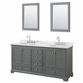 72 Inch Double Bathroom Vanity in Dark Gray, White Carrara Marble Countertop, Undermount Oval Sinks, and 24 Inch Mirrors - Wyndham WCS202072DKGCMUNOM24