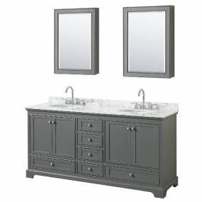 72 Inch Double Bathroom Vanity in Dark Gray, White Carrara Marble Countertop, Undermount Oval Sinks, and Medicine Cabinets - Wyndham WCS202072DKGCMUNOMED