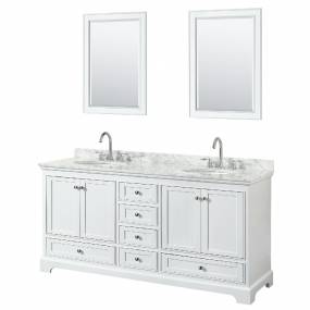 72 Inch Double Bathroom Vanity in White, White Carrara Marble Countertop, Undermount Oval Sinks, and 24 Inch Mirrors - Wyndham WCS202072DWHCMUNOM24