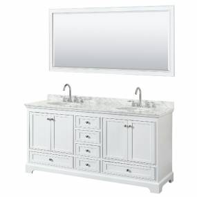 72 Inch Double Bathroom Vanity in White, White Carrara Marble Countertop, Undermount Oval Sinks, and 70 Inch Mirror - Wyndham WCS202072DWHCMUNOM70