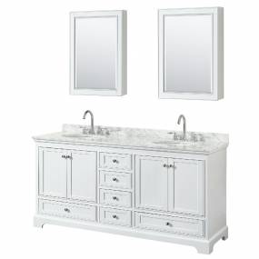 72 Inch Double Bathroom Vanity in White, White Carrara Marble Countertop, Undermount Oval Sinks, and Medicine Cabinets - Wyndham WCS202072DWHCMUNOMED