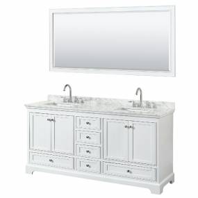 72 Inch Double Bathroom Vanity in White, White Carrara Marble Countertop, Undermount Square Sinks, and 70 Inch Mirror - Wyndham WCS202072DWHCMUNSM70