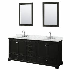 80 Inch Double Bathroom Vanity in Dark Espresso, White Carrara Marble Countertop, Undermount Oval Sinks, and 24 Inch Mirrors - Wyndham WCS202080DDECMUNOM24