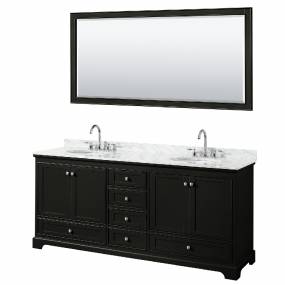 80 Inch Double Bathroom Vanity in Dark Espresso, White Carrara Marble Countertop, Undermount Oval Sinks, and 70 Inch Mirror - Wyndham WCS202080DDECMUNOM70