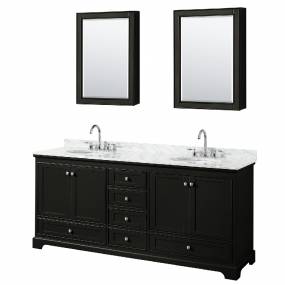 80 Inch Double Bathroom Vanity in Dark Espresso, White Carrara Marble Countertop, Undermount Oval Sinks, and Medicine Cabinets - Wyndham WCS202080DDECMUNOMED