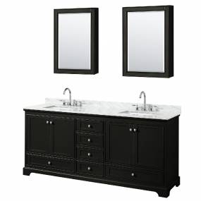 80 Inch Double Bathroom Vanity in Dark Espresso, White Carrara Marble Countertop, Undermount Square Sinks, and Medicine Cabinets - Wyndham WCS202080DDECMUNSMED