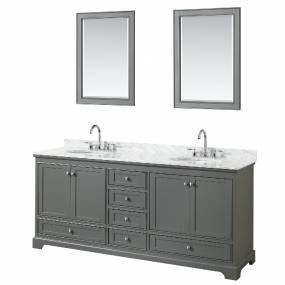 80 Inch Double Bathroom Vanity in Dark Gray, White Carrara Marble Countertop, Undermount Oval Sinks, and 24 Inch Mirrors - Wyndham WCS202080DKGCMUNOM24