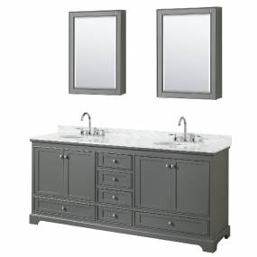 80 Inch Double Bathroom Vanity in Dark Gray, White Carrara Marble Countertop, Undermount Oval Sinks, and Medicine Cabinets - Wyndham WCS202080DKGCMUNOMED
