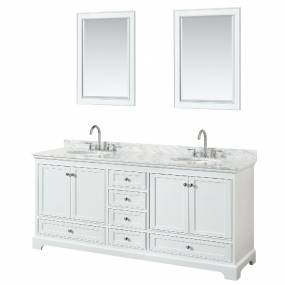 80 Inch Double Bathroom Vanity in White, White Carrara Marble Countertop, Undermount Oval Sinks, and 24 Inch Mirrors - Wyndham WCS202080DWHCMUNOM24
