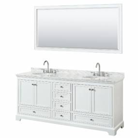 80 Inch Double Bathroom Vanity in White, White Carrara Marble Countertop, Undermount Oval Sinks, and 70 Inch Mirror - Wyndham WCS202080DWHCMUNOM70