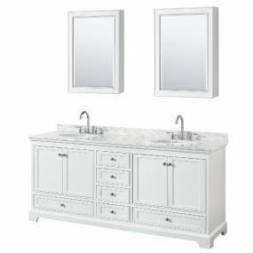 80 Inch Double Bathroom Vanity in White, White Carrara Marble Countertop, Undermount Oval Sinks, and Medicine Cabinets - Wyndham WCS202080DWHCMUNOMED