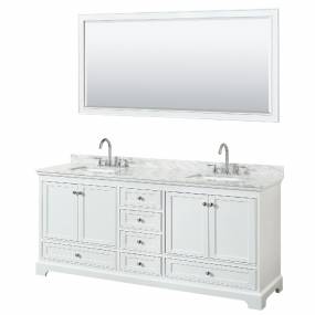 80 Inch Double Bathroom Vanity in White, White Carrara Marble Countertop, Undermount Square Sinks, and 70 Inch Mirror - Wyndham WCS202080DWHCMUNSM70