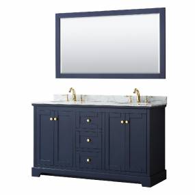 60 Inch Double Bathroom Vanity in Dark Blue, White Carrara Marble Countertop, Undermount Oval Sinks, and 58 Inch Mirror - Wyndham WCV232360DBLCMUNOM58