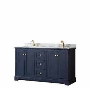 60 Inch Double Bathroom Vanity in Dark Blue, White Carrara Marble Countertop, Undermount Oval Sinks, and No Mirror - Wyndham WCV232360DBLCMUNOMXX