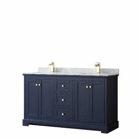 60 Inch Double Bathroom Vanity in Dark Blue, White Carrara Marble Countertop, Undermount Square Sinks, and No Mirror - Wyndham WCV232360DBLCMUNSMXX