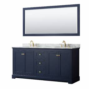72 Inch Double Bathroom Vanity in Dark Blue, White Carrara Marble Countertop, Undermount Oval Sinks, and 70 Inch Mirror - Wyndham WCV232372DBLCMUNOM70