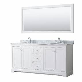 72 Inch Double Bathroom Vanity in White, White Carrara Marble Countertop, Undermount Oval Sinks, and 70 Inch Mirror - Wyndham WCV232372DWHCMUNOM70