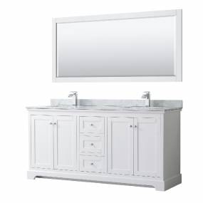 72 Inch Double Bathroom Vanity in White, White Carrara Marble Countertop, Undermount Square Sinks, and 70 Inch Mirror - Wyndham WCV232372DWHCMUNSM70