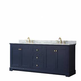 80 Inch Double Bathroom Vanity in Dark Blue, White Carrara Marble Countertop, Undermount Oval Sinks, and No Mirror - Wyndham WCV232380DBLCMUNOMXX