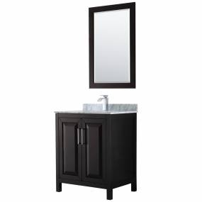 30 inch Single Bathroom Vanity in Dark Espresso, White Carrara Marble Countertop, Undermount Square Sink, and 24 inch Mirror - Wyndham WCV252530SDECMUNSM24