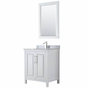 30 inch Single Bathroom Vanity in White, White Carrara Marble Countertop, Undermount Square Sink, and 24 inch Mirror - Wyndham WCV252530SWHCMUNSM24