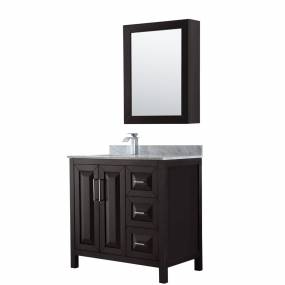 36 inch Single Bathroom Vanity in Dark Espresso, White Carrara Marble Countertop, Undermount Square Sink, and Medicine Cabinet - Wyndham WCV252536SDECMUNSMED