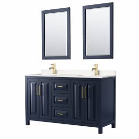 Daria 60 Inch Double Bathroom Vanity in Dark Blue, Light-Vein Carrara Cultured Marble Countertop, Undermount Square Sinks, 24 Inch Mirrors - Wyndham WCV252560DBLC2UNSM24