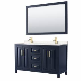 Daria 60 Inch Double Bathroom Vanity in Dark Blue, Light-Vein Carrara Cultured Marble Countertop, Undermount Square Sinks, 58 Inch Mirror - Wyndham WCV252560DBLC2UNSM58