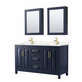 Daria 60 Inch Double Bathroom Vanity in Dark Blue, Light-Vein Carrara Cultured Marble Countertop, Undermount Square Sinks, Medicine Cabinets - Wyndham WCV252560DBLC2UNSMED