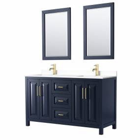 Daria 60 Inch Double Bathroom Vanity in Dark Blue, White Cultured Marble Countertop, Undermount Square Sinks, 24 Inch Mirrors - Wyndham WCV252560DBLWCUNSM24