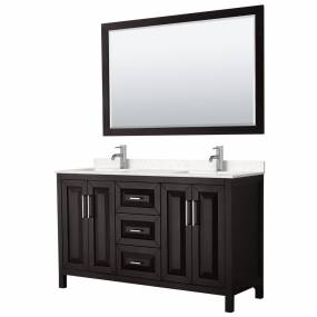Daria 60 Inch Double Bathroom Vanity in Dark Espresso, Light-Vein Carrara Cultured Marble Countertop, Undermount Square Sinks, 58 Inch Mirror - Wyndham WCV252560DDEC2UNSM58