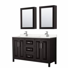 Daria 60 Inch Double Bathroom Vanity in Dark Espresso, Light-Vein Carrara Cultured Marble Countertop, Undermount Square Sinks, Medicine Cabinets - Wyndham WCV252560DDEC2UNSMED