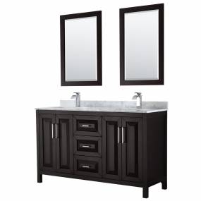 60 inch Double Bathroom Vanity in Dark Espresso, White Carrara Marble Countertop, Undermount Square Sinks, and 24 inch Mirrors - Wyndham WCV252560DDECMUNSM24