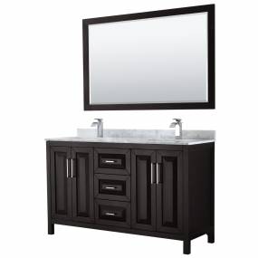 60 inch Double Bathroom Vanity in Dark Espresso, White Carrara Marble Countertop, Undermount Square Sinks, and 58 inch Mirror - Wyndham WCV252560DDECMUNSM58