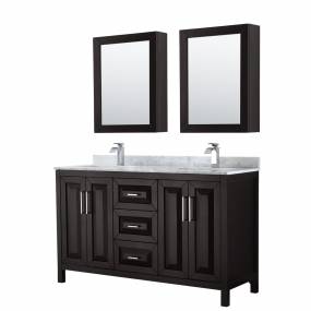 60 inch Double Bathroom Vanity in Dark Espresso, White Carrara Marble Countertop, Undermount Square Sinks, and Medicine Cabinets - Wyndham WCV252560DDECMUNSMED