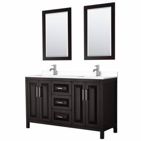 Daria 60 Inch Double Bathroom Vanity in Dark Espresso, White Cultured Marble Countertop, Undermount Square Sinks, 24 Inch Mirrors - Wyndham WCV252560DDEWCUNSM24