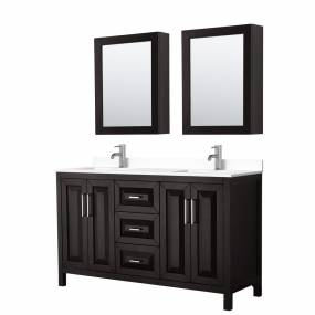 Daria 60 Inch Double Bathroom Vanity in Dark Espresso, White Cultured Marble Countertop, Undermount Square Sinks, Medicine Cabinets - Wyndham WCV252560DDEWCUNSMED