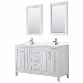 Daria 60 Inch Double Bathroom Vanity in White, Light-Vein Carrara Cultured Marble Countertop, Undermount Square Sinks, 24 Inch Mirrors - Wyndham WCV252560DWHC2UNSM24