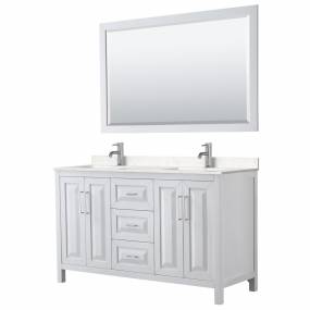 Daria 60 Inch Double Bathroom Vanity in White, Light-Vein Carrara Cultured Marble Countertop, Undermount Square Sinks, 58 Inch Mirror - Wyndham WCV252560DWHC2UNSM58