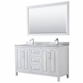 60 inch Double Bathroom Vanity in White, White Carrara Marble Countertop, Undermount Square Sinks, and 58 inch Mirror - Wyndham WCV252560DWHCMUNSM58