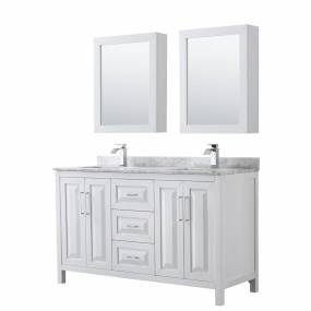 60 inch Double Bathroom Vanity in White, White Carrara Marble Countertop, Undermount Square Sinks, and Medicine Cabinets - Wyndham WCV252560DWHCMUNSMED