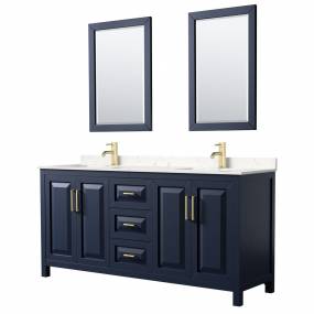 Daria 72 Inch Double Bathroom Vanity in Dark Blue, Light-Vein Carrara Cultured Marble Countertop, Undermount Square Sinks, 24 Inch Mirrors - Wyndham WCV252572DBLC2UNSM24