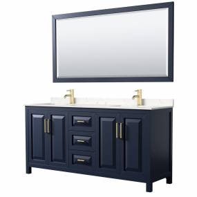 Daria 72 Inch Double Bathroom Vanity in Dark Blue, Light-Vein Carrara Cultured Marble Countertop, Undermount Square Sinks, 70 Inch Mirror - Wyndham WCV252572DBLC2UNSM70