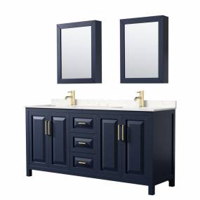 Daria 72 Inch Double Bathroom Vanity in Dark Blue, Light-Vein Carrara Cultured Marble Countertop, Undermount Square Sinks, Medicine Cabinets - Wyndham WCV252572DBLC2UNSMED