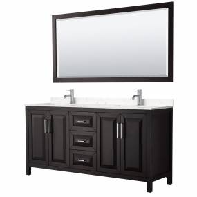 Daria 72 Inch Double Bathroom Vanity in Dark Espresso, Light-Vein Carrara Cultured Marble Countertop, Undermount Square Sinks, 70 Inch Mirror - Wyndham WCV252572DDEC2UNSM70